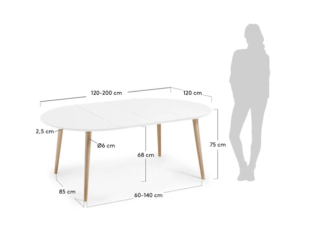 Eettafel uitschuifbaar rond - 120/200, kave home, oqui, wit - afbeelding 5 van  6