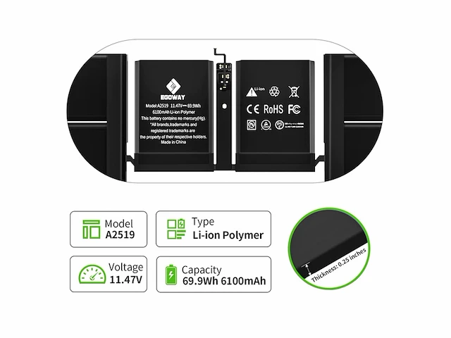 Egoway laptop accu a2519, compatibel met macbook pro 13 inch met installatiegereedschap - afbeelding 3 van  4