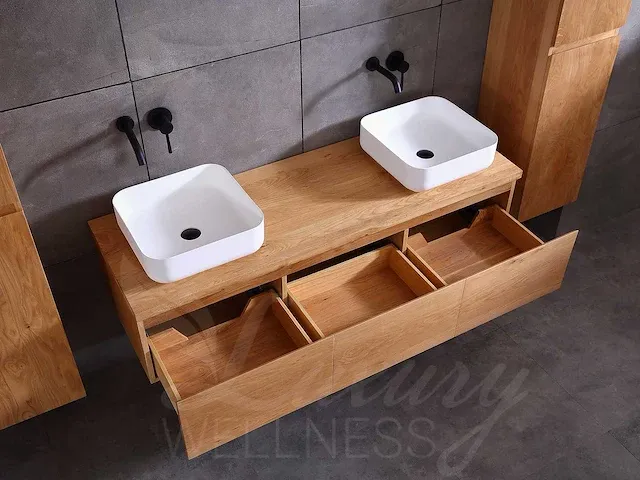 Eikenhout badkamermeubel 180cm (natural/white wash/grey smoked) - afbeelding 3 van  32