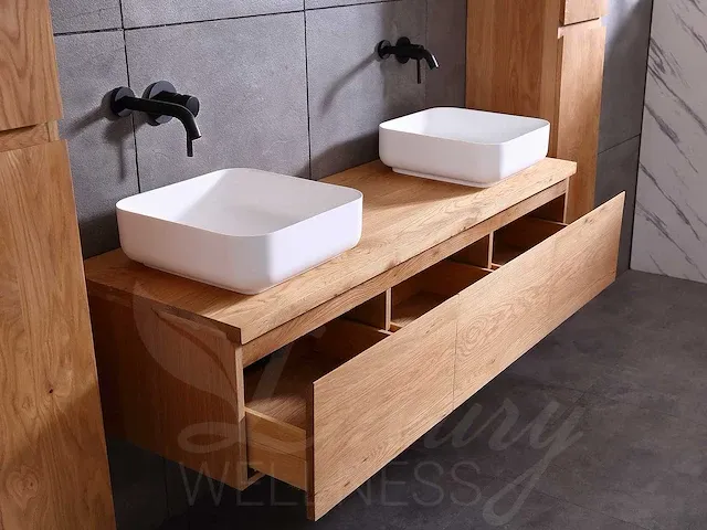 Eikenhout badkamermeubel 180cm (natural/white wash/grey smoked) - afbeelding 5 van  32