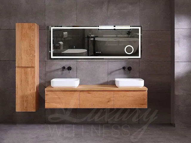 Eikenhout badkamermeubel 180cm (natural/white wash/grey smoked) - afbeelding 1 van  32