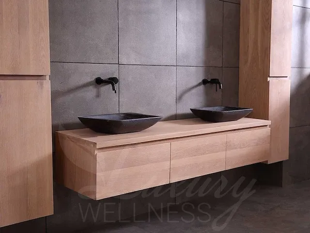 Eikenhout badkamermeubel 180cm (natural/white wash/grey smoked) - afbeelding 16 van  32