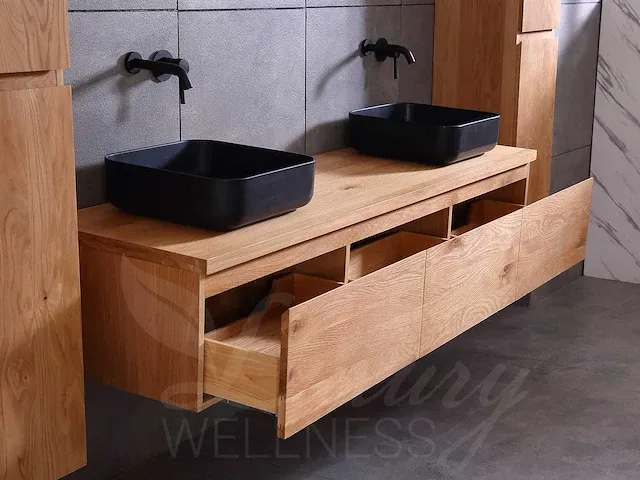 Eikenhout badkamermeubel 180cm (natural/white wash/grey smoked) - afbeelding 30 van  32