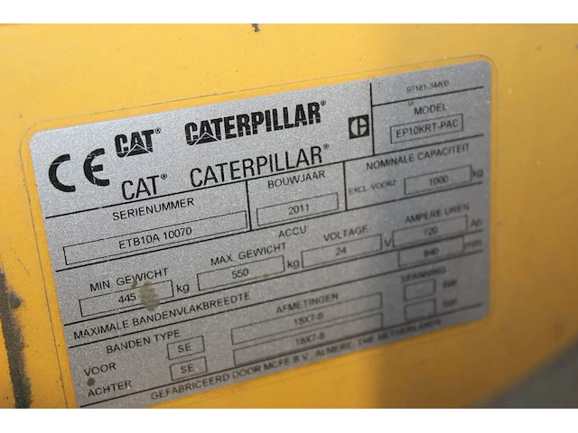 Elektrische heftruck caterpillar 10. bouwjaar 2011 . maximale hefhoogte 480 cm. maximale hefgewicht 1000 kg... - afbeelding 6 van  7