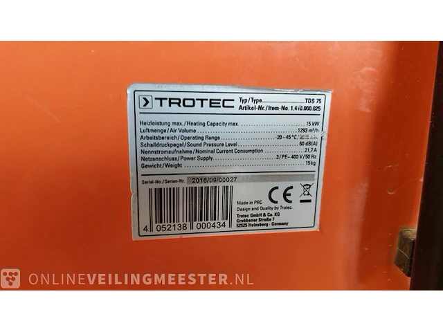 Elektrische verwarmer 15 kw, 380v trotec, tds 75, bouwjaar 2016 - afbeelding 5 van  5