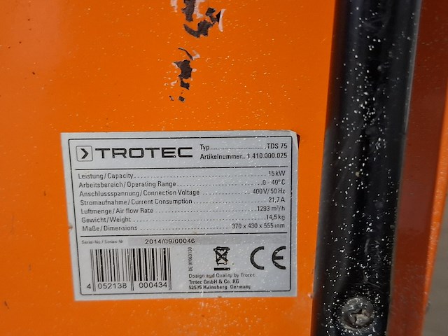 Elektroheater 15kw 400v trotec, tds 75, bouwjaar 2014 - afbeelding 3 van  7