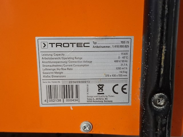 Elektroheater 15kw 400v trotec, tds 75, bouwjaar 2014 - afbeelding 4 van  7