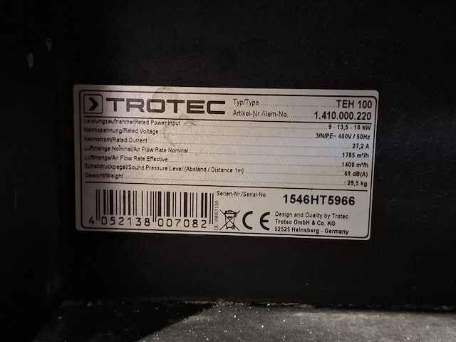 Elektroheater 18kw 400v trotec, teh 100, bouwjaar 2015 - afbeelding 3 van  6