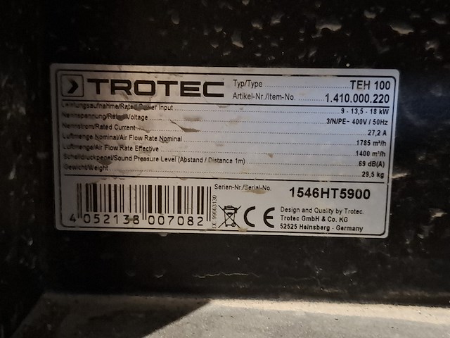 Elektroheater 18kw 400v trotec, teh 100, bouwjaar 2015 - afbeelding 3 van  6