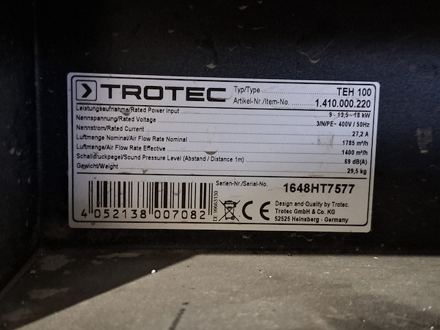 Elektroheater 18kw 400v trotec, teh 100, bouwjaar 2016 - afbeelding 3 van  6