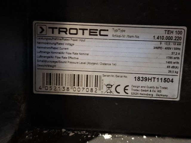 Elektroheater 18kw 400v trotec, teh 100, bouwjaar 2018 - afbeelding 3 van  6