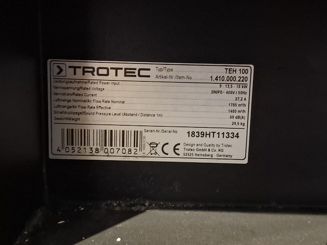 Elektroheater 18kw 400v trotec, teh 100, bouwjaar 2018 - afbeelding 3 van  6