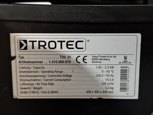 Elektroheater 3kw 230v trotec, tds 20, bouwjaar 2014 - afbeelding 5 van  6