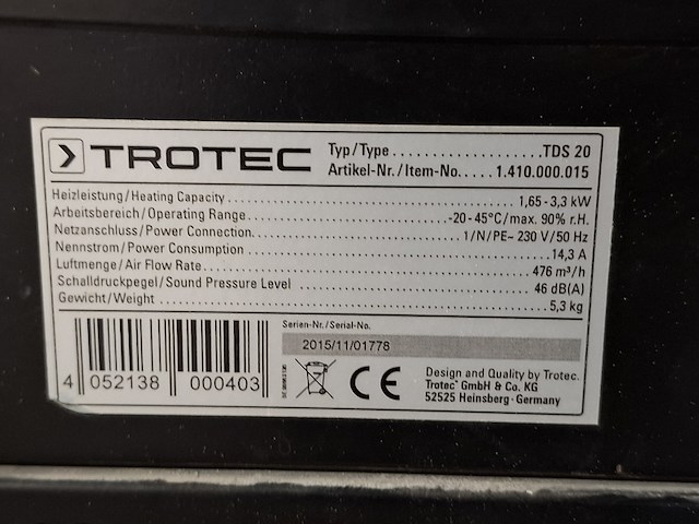 Elektroheater 3kw 230v trotec, tds 20, bouwjaar 2016 - afbeelding 5 van  6