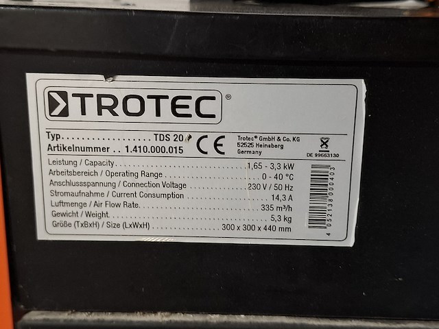 Elektroheater 3kw 230v trotec, tds 20, bouwjaar 2017 - afbeelding 5 van  6
