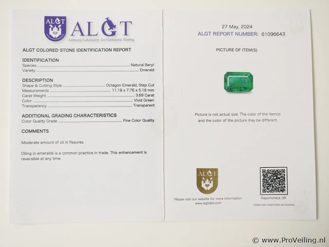 Emerald 3.69ct algt certified - afbeelding 4 van  4