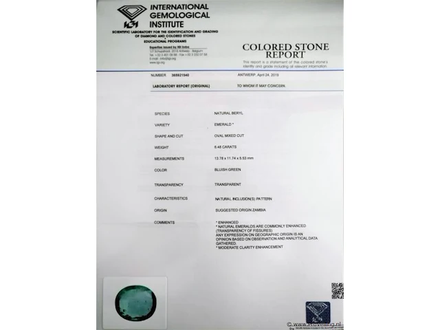 Emerald 6.48ct igi certified - afbeelding 4 van  4