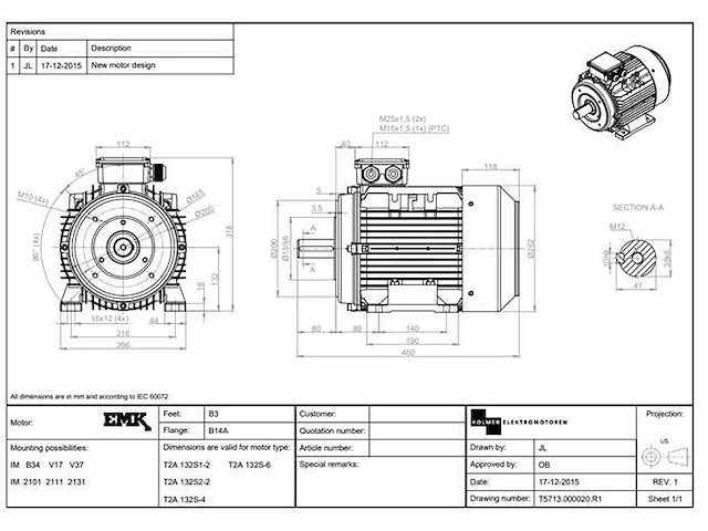 Emk - t2a 132s2-2 7,5kw b3 mounting - elektromotor (2x) - afbeelding 4 van  6