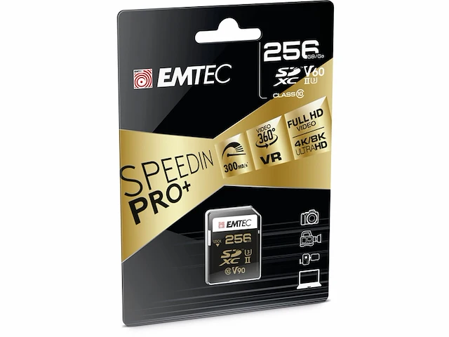 Emtec sdxckaart uhsii u3 v90 speedin pro+ ecmsd256guhs2v90 geheugenkaart foto's in burst, full hd, 3d, 4k, 8k uhd 256gb - afbeelding 2 van  2