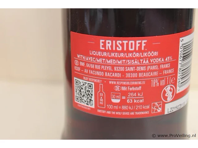 Eristoff red vodka - 1 liter - winkelverkoopprijs € 15.95 - afbeelding 2 van  3