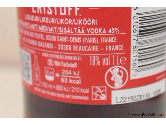 Eristoff red vodka - 1 liter - winkelverkoopprijs € 15.95 - afbeelding 3 van  3