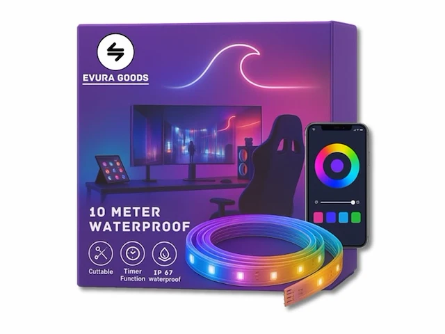 Evura goods led strip 10 meter waterproof ip65 rgb met afstandsbediening & telefoon app - afbeelding 1 van  5