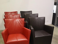 Fauteuils op wielen - rood en zwart (skai) leder gestoffeerd - 6 stuks