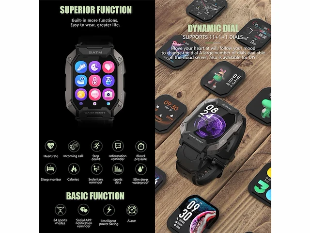 Findtime smartwatch voor heren hd touchscreen 24 sportmodi ip69 zwart - afbeelding 3 van  5