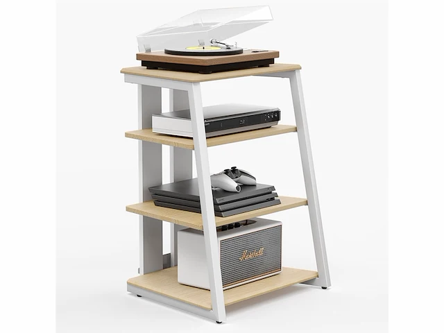 Fitueyes hifi av plank 4 niveau houten standaard met houten planken voor draaitafel dvd-speler xbox stand hifi rack - afbeelding 1 van  6