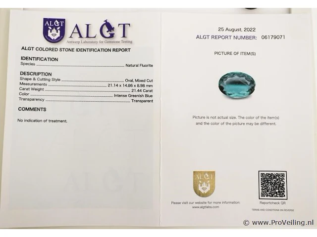Fluorite 21.44ct algt certified - afbeelding 4 van  4