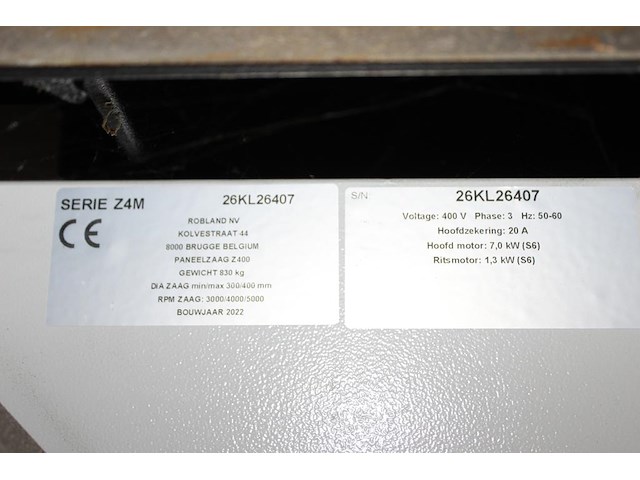 Formaatpaneelzaag robland z400 z4m. bouwjaar 2022. hoofdmotor 7,0 kw ritsmotor 1,3 kw. machinenr 26kl26407. - afbeelding 5 van  7