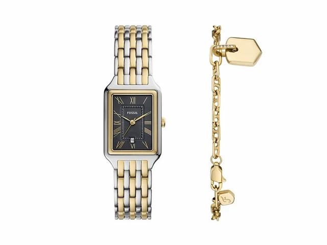 Fossil raquel horloge voor dames, quartz uurwerk met drie wijzers en een roestvrij stalen band - afbeelding 1 van  3