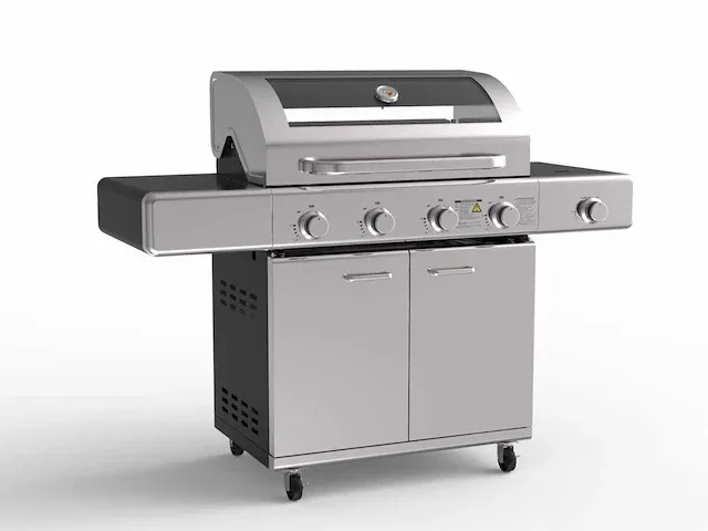 Gasbarbecue 4 branders - rvs met gietijzeren roosters - incl. zijbrander & gietijzeren kookplaat - afbeelding 1 van  3