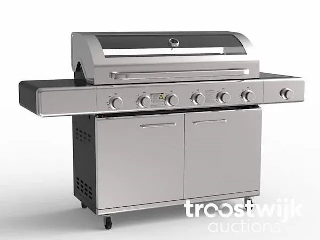 Gasbarbecue 6 branders - rvs met gietijzeren roosters - incl. zijbrander & gietijzeren kookplaat - afbeelding 1 van  3