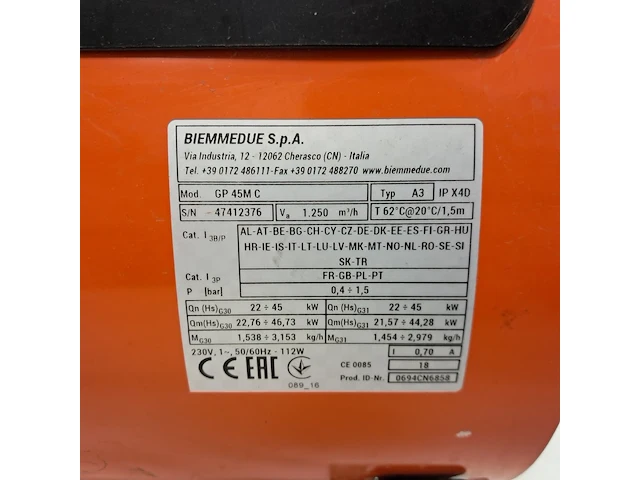 Gasheater 52kw 230v, biemmedue, gp45m, 2018 - afbeelding 7 van  7