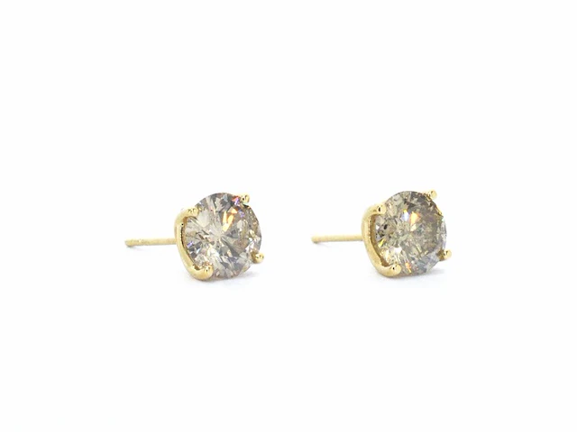Geelgouden champagne gekleurde solitair oorbellen met 3.60 carat natuurlijke grote diamanten - afbeelding 1 van  8
