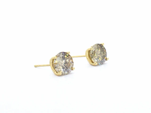 Geelgouden champagne gekleurde solitair oorbellen met 3.60 carat natuurlijke grote diamanten - afbeelding 4 van  8