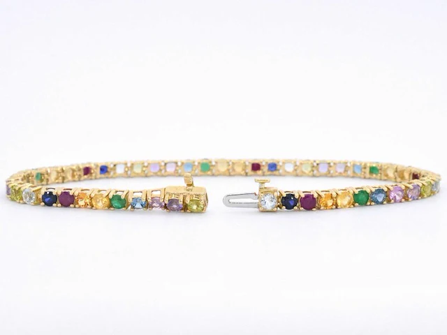 Geelgouden tennisarmband met multi colour edelstenen - afbeelding 5 van  10