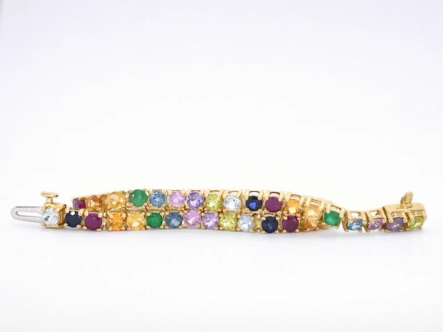 Geelgouden tennisarmband met multi colour edelstenen - afbeelding 7 van  10