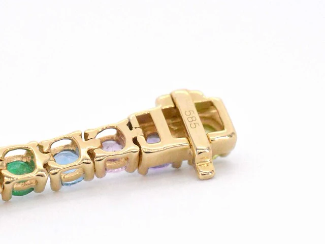 Geelgouden tennisarmband met multi colour edelstenen - afbeelding 9 van  10