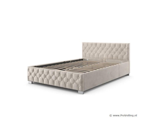 Gestoffeerd bed nizza - 140 x 200 cm - beige - led verlichting & bedlade - afbeelding 1 van  8