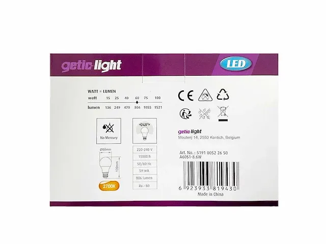 Getic-light - a60 frost 8,6w 27000k e27 6-pack (18x) - afbeelding 3 van  4