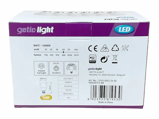 Getic-light - a60 frost 9,4w 2700k e27 6-pack (28x) - afbeelding 2 van  3