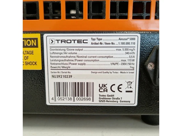 Geurneutralisator 230v trotec, aircozon 5000, bouwjaar 2021 - afbeelding 5 van  5