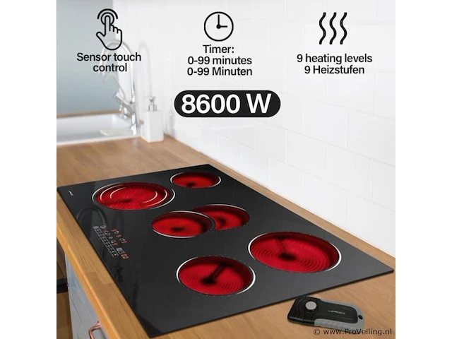 Glas keramische kookplaat met 5 zones - frameloos - met touch control / aanraakbediening - 8600w - 9 vermogensniveaus - automatische timer - kinderbeveiliging - afbeelding 1 van  8