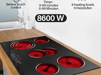 Glas keramische kookplaat met 5 zones - frameloos - met touch control / aanraakbediening - 8600w - 9 vermogensniveaus - automatische timer - kinderbeveiliging - afbeelding 1 van  8