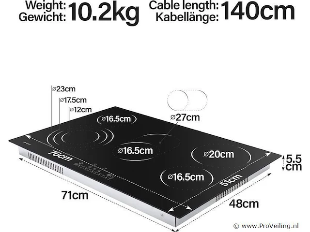 Glas keramische kookplaat met 5 zones - frameloos - met touch control / aanraakbediening - 8600w - 9 vermogensniveaus - automatische timer - kinderbeveiliging - afbeelding 2 van  8