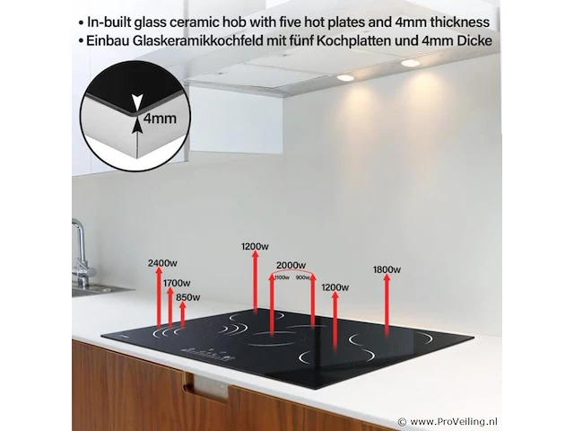 Glas keramische kookplaat met 5 zones - frameloos - met touch control / aanraakbediening - 8600w - 9 vermogensniveaus - automatische timer - kinderbeveiliging - afbeelding 7 van  8