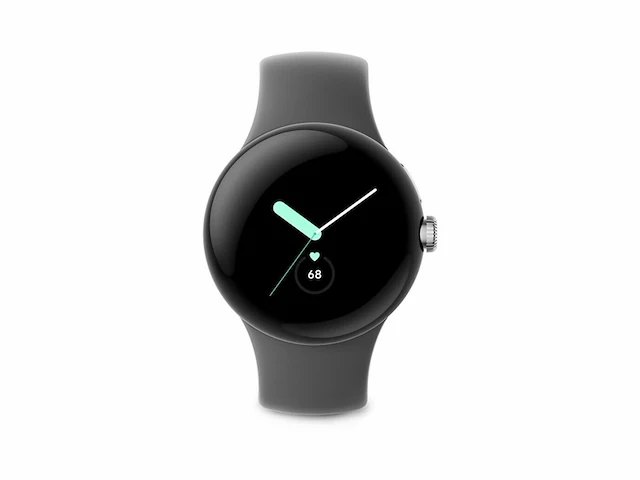 Google pixel watch android smartwatch met hartslagmeter roestvrijstalen kast in gepolijst zilver met sportband in houtskool - afbeelding 1 van  4