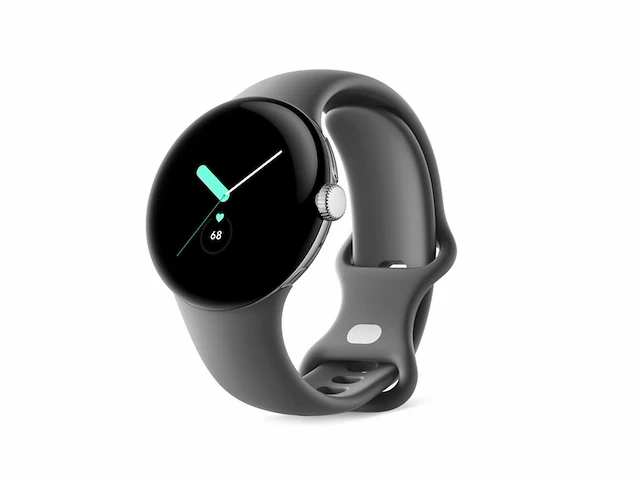 Google pixel watch android smartwatch met hartslagmeter roestvrijstalen kast in gepolijst zilver met sportband in houtskool - afbeelding 2 van  4